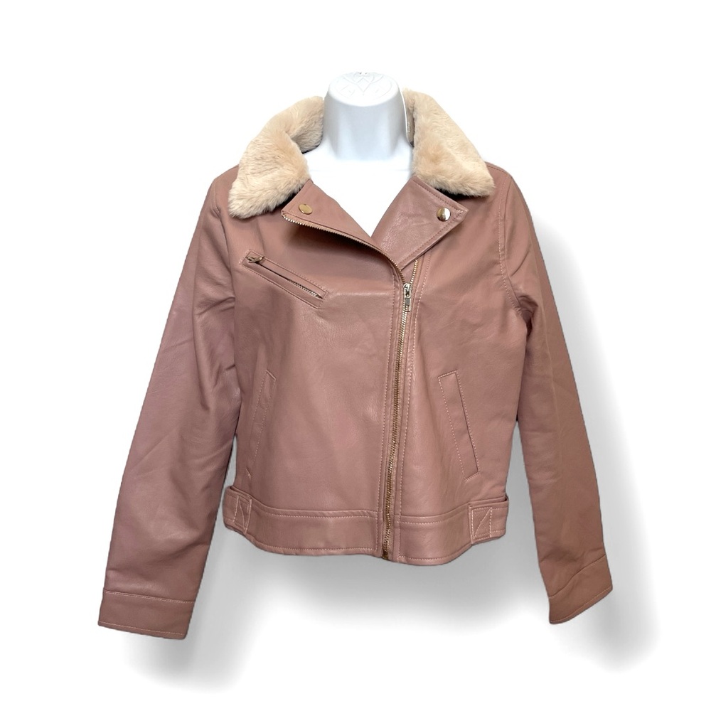 Elegant Pink Leather Jacket with Faux Fur Collar